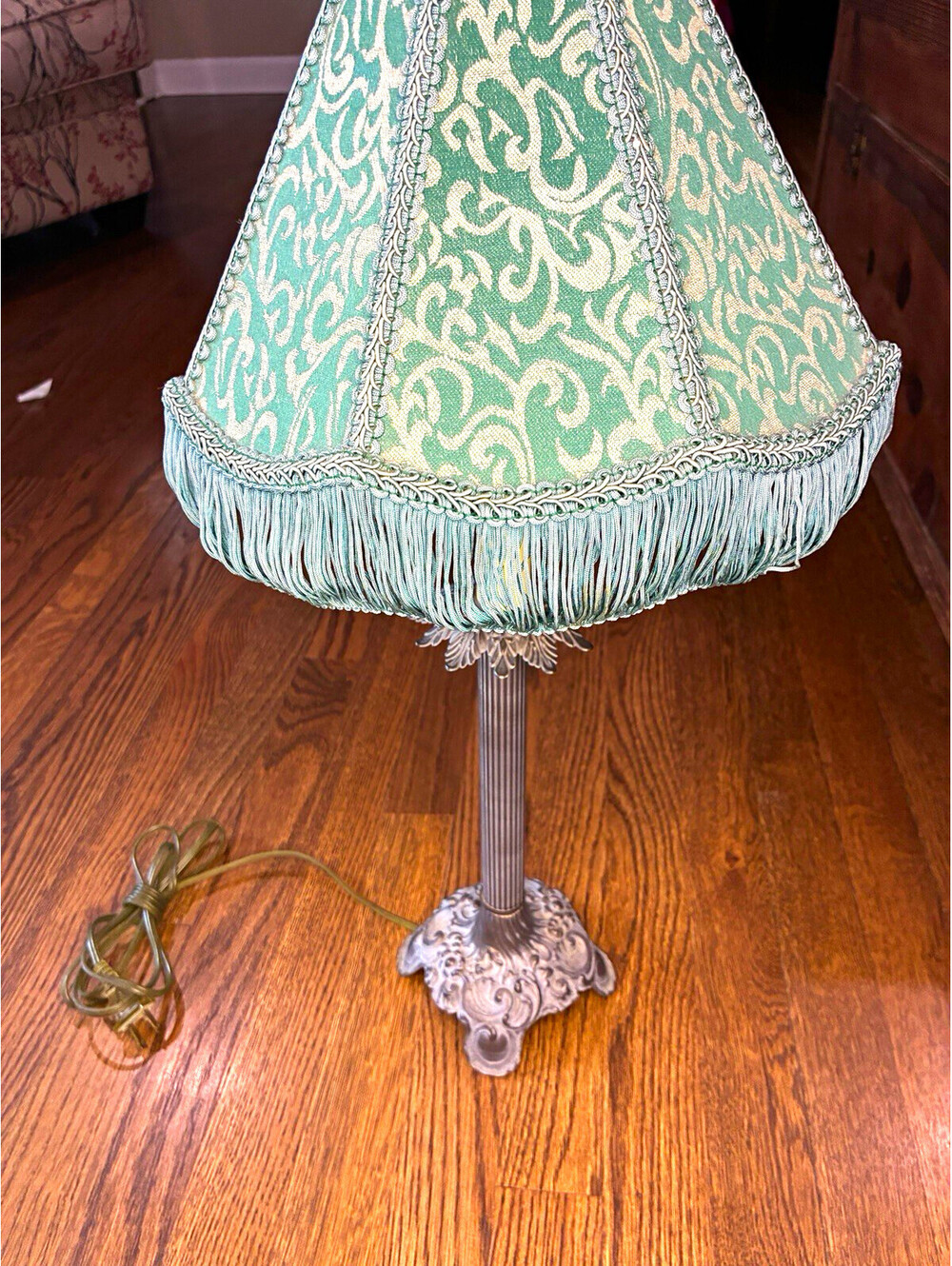Vintage Green Damask Table Lamp, Fabric Empire Fringe Shade, Metal Base
